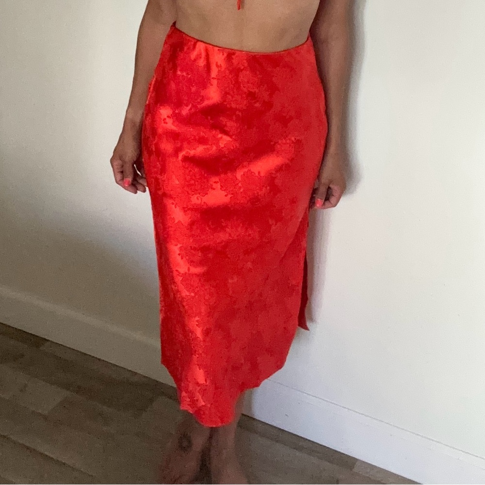 Tomato Red Silky Midi Skirt